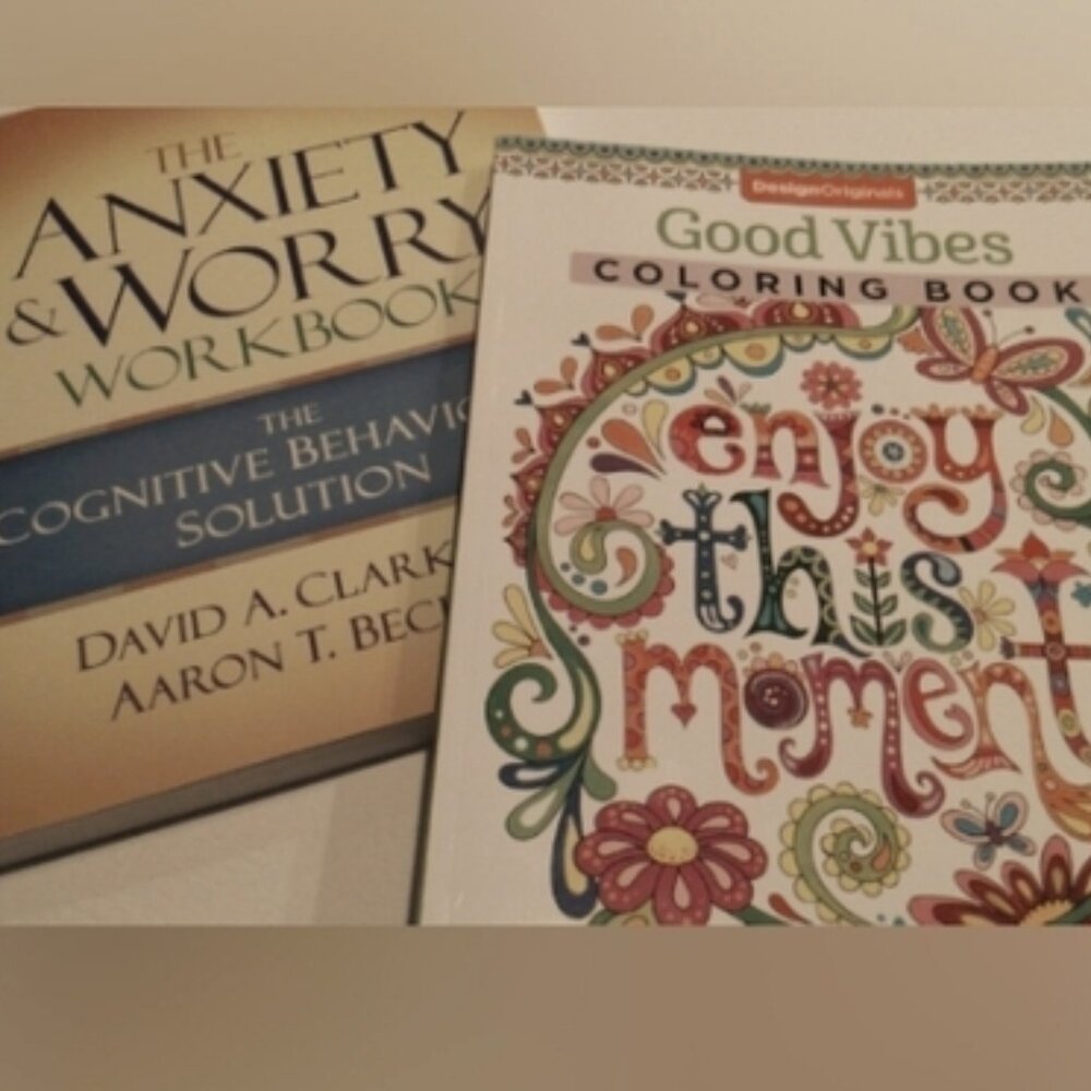 The Anxiety and Worry Workbook and The Good Vibes Adult Coloring Book Bundle